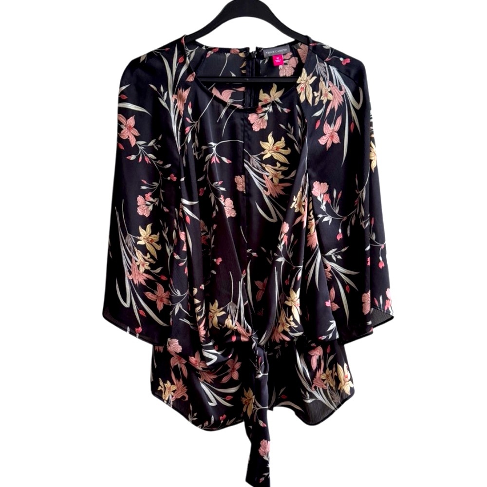 Vince Camuto Black Floral Tie-Front Blouse